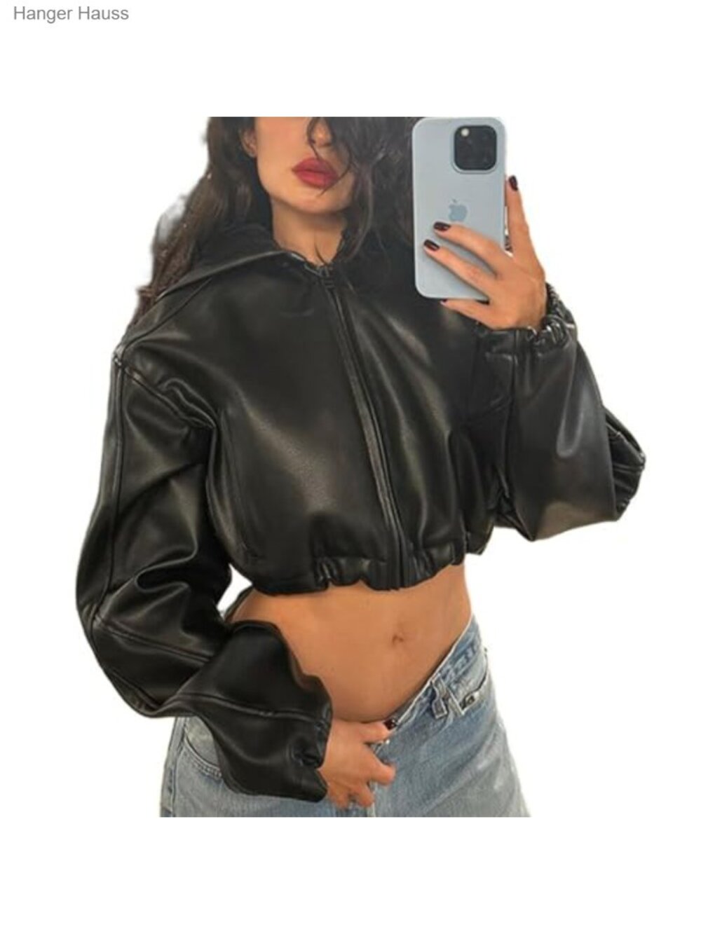 Faux Leather Motorcycle Bomber Jacket Women Zip Up Hooded Cropped Punk
